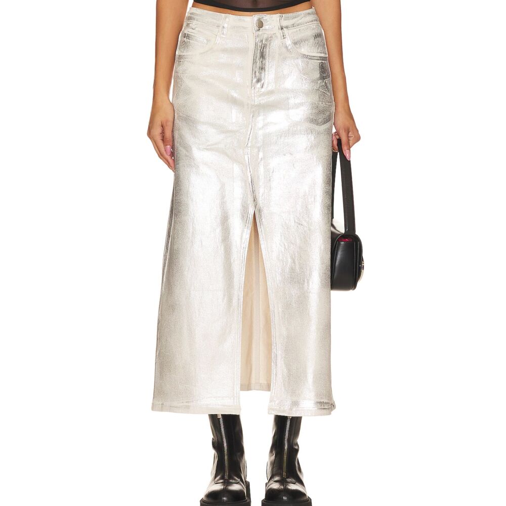 SUPERDOWN Metallic Front Slit Midi Denim Skirt Silver Medium